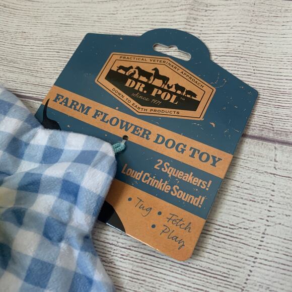 Dr. Pol Farm Flower Dog Toy Blue Gingham Plaid 2 Squeakers Crinkle 12 1/2"L - Picture 7 of 12